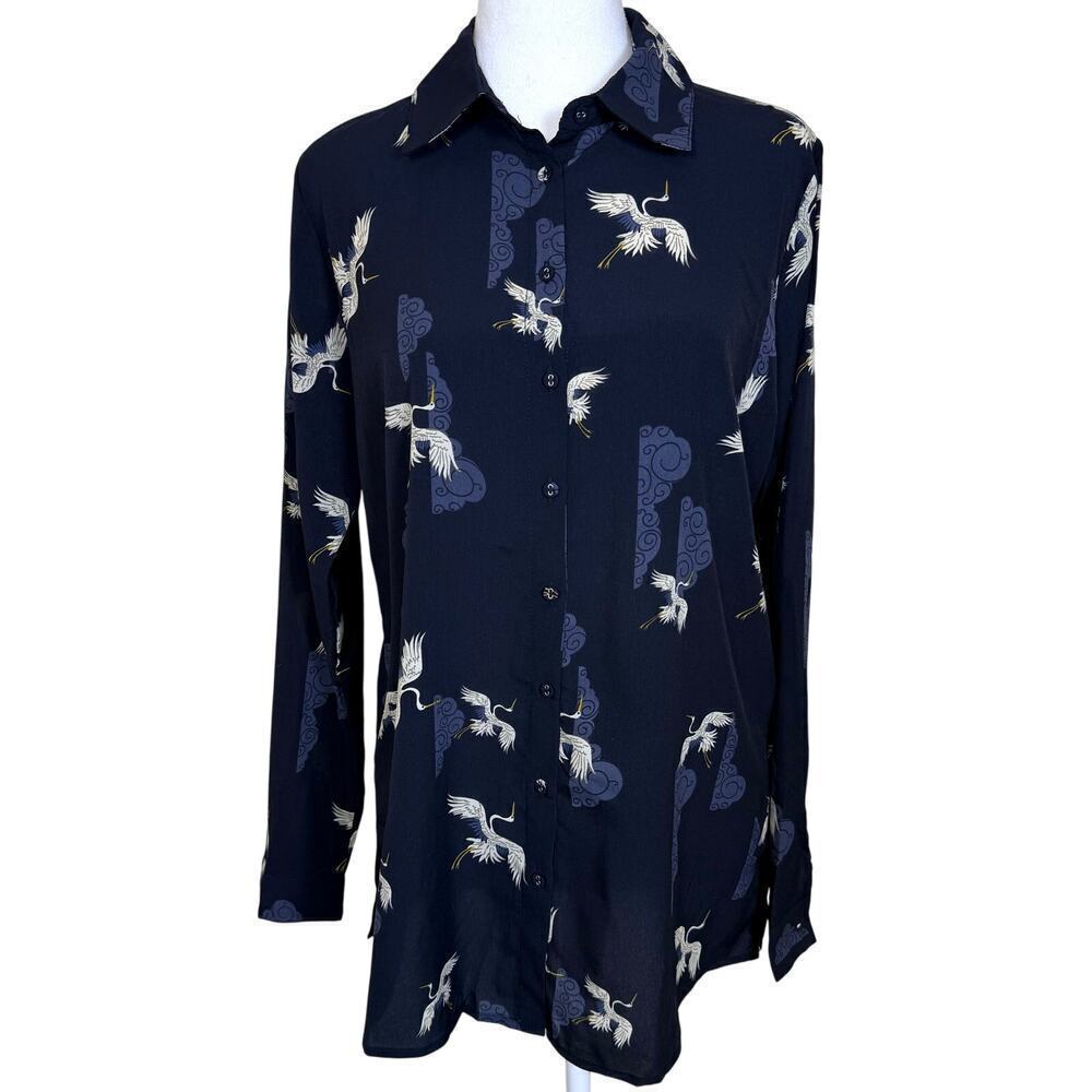 T Tahari Long Sleeve Crane Print Blouse Small/Petite Navy EUC
